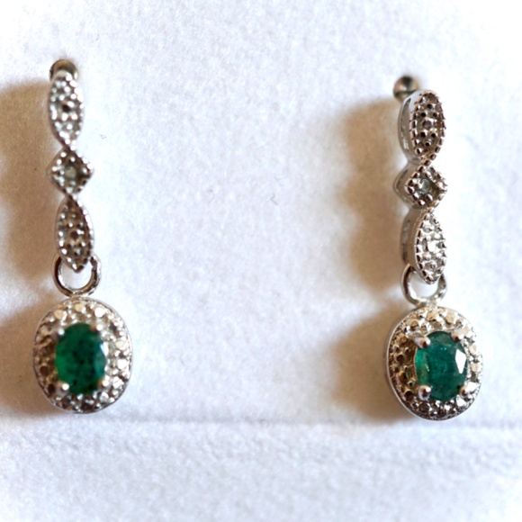 Vintage Style Emerald &Diamond Dangle Earrings - Picture 2 of 5
